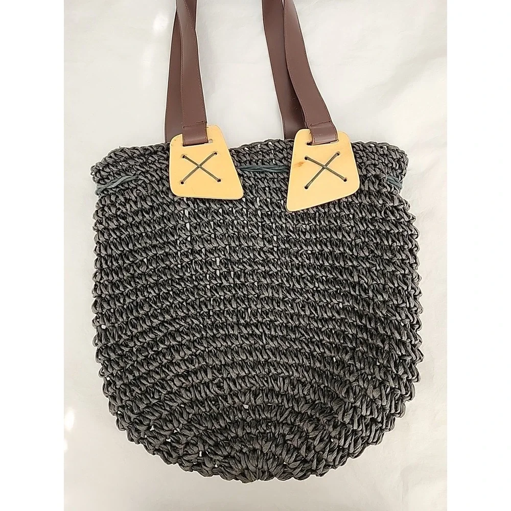 Straw, Leather & Wood Women's Tote Shoulder Handbag Black w/Brown Leather Straps